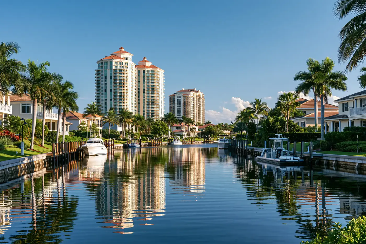Cape Coral canal lined with homes, boats and waterfront condos