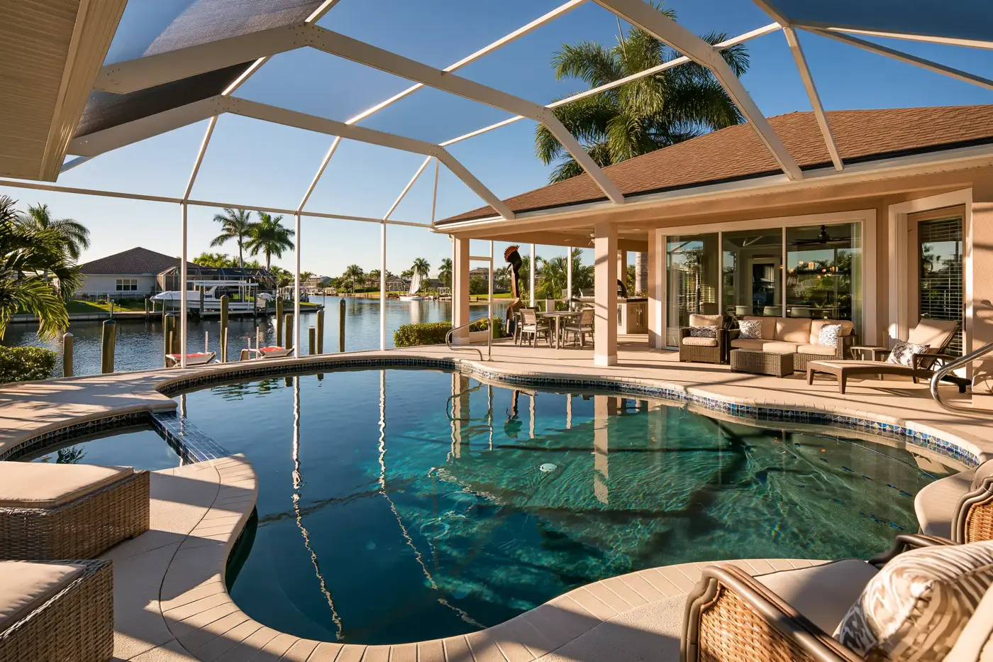 Screened pool and lanai of a Cape Coral vacation rental on a canal