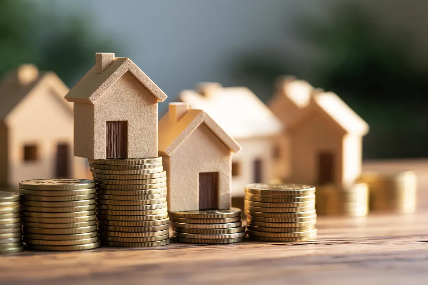 Model houses standing on stacks of coins
