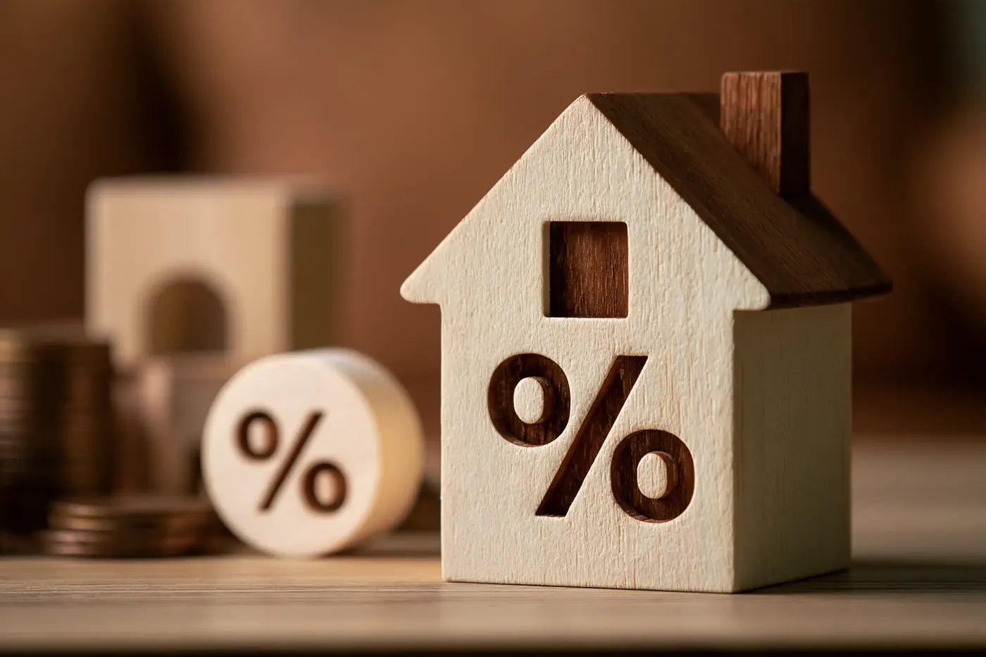 Wooden model house with a percent sign beside a stack of coins
